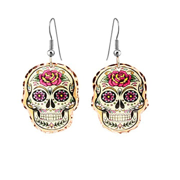 Silver Tone Day of the Dead Earrings for Women Calaveras, dia delos muertos, Sugar Skull Earrings Hoop, Copper Handcrafted Skull Jewelry - Front Line Jewelry