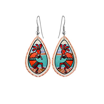 Southwest Native Earrings of Colorful Kokopelli Earrings, Tear-drop Handmade Copper Kokopolli Jewelry (Red Kokopelli) - Front Line Jewelry