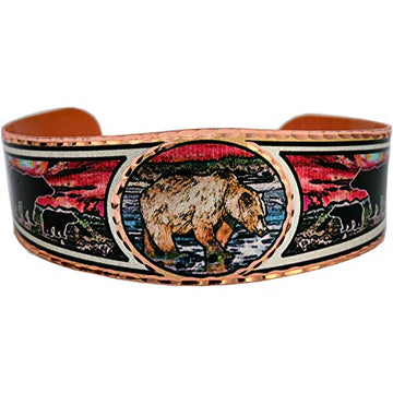 FRONT LINE JEWELRY Women's Grizzly Bear Bracelets Cuff - Feature Bear at Sunset Scene. Open Cuff Adjustable Copper Grizzly Bear Cuff. Bear Jewelry - Front Line Jewelry