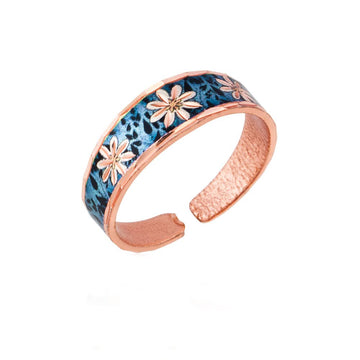 Silver Plated Daisy Flower Rings with Black Textured Background, Handmade Copper Blue Daisy Rings - Front Line Jewelry
