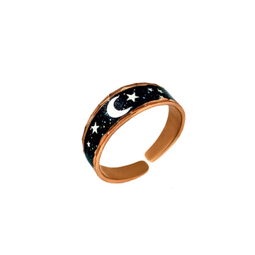 Moon and Star Rings for Women with Black Backdrop, Handmade Copper Moon Star Rings