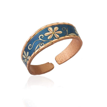 Daisy Flower Rings with Wild Blue Yonder Background, Handmade Copper Blue Flower Rings - Front Line Jewelry