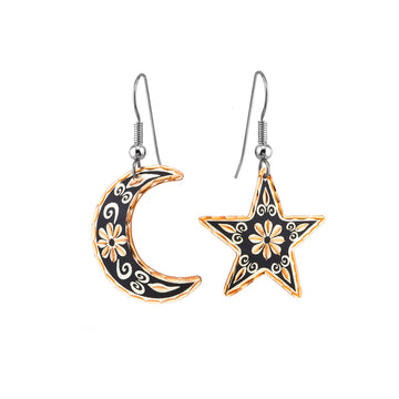 Crescent moon & stars Earrings-Mismatched Moon and Star Earrings Feature a Daisy Flower with Black Accented, Copper Moon and Star Earrings - Front Line Jewelry