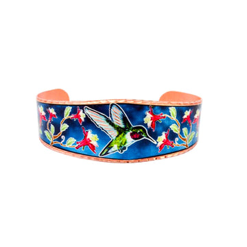 Copper Cuff Wrist Bracelet Handmade - Colorful Northwest Native Hummingbirds
