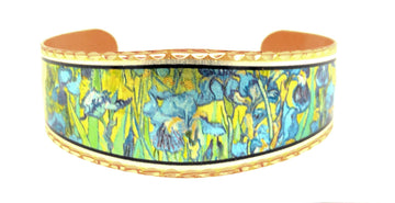 Copper Cuff Blue Irises Flower Bracelets, Van Gogh’s one of the masterpieces of Painted Art Jewelry, Artisan Copper van Gogh Jewelry BVG-04