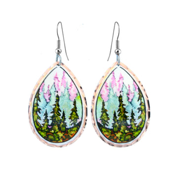 Handcrafted pure copper pine tree earrings with a colorful alpine tree design featuring vibrant alcohol ink art