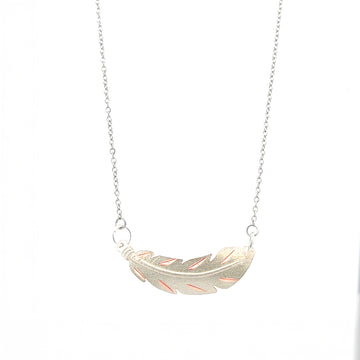 Silver feather pendant necklace on copper base with stainless steel chain