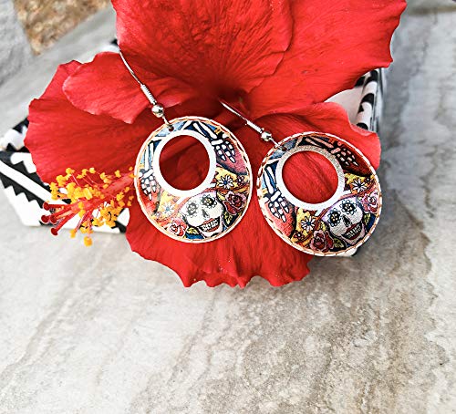 Silver Tone Day of the Dead Earrings for Women Calaveras, dia delos muertos, Sugar Skull Earrings Hoop, Copper Handcrafted Skull Jewelry