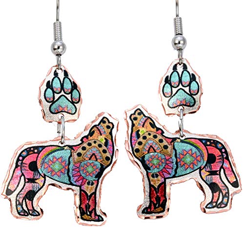 FRONT LINE JEWELRY Women's Native American Wolf Earrings Showcase Multi-Colored Howling Wolf Earrings - Wolf Paw  Earrings Wolf Wolf Gifts