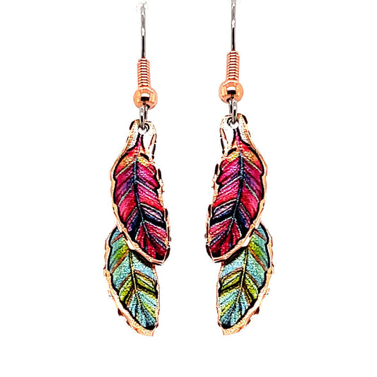 Western Feather Earrings, Artisan Copper Two-Tiered Multi-color Feather Art Jewelry, Artist Earrings