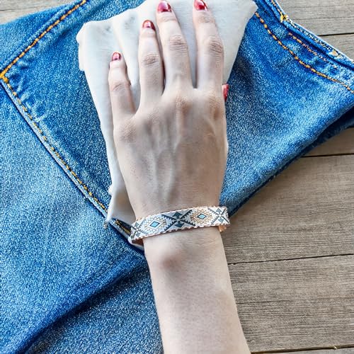 Colorful Native American Bracelets Cuff Unisex with Teal Blue Backdrop and Geometric Motifs. Artisan Handcrafted Native Jewelry (Native Cuff)