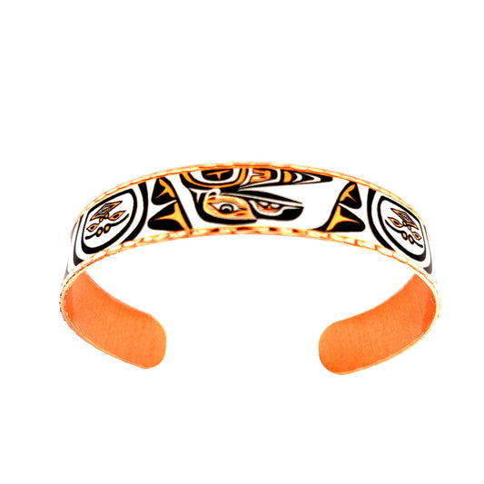 FRONT LINE JEWELRY Northwest coast raven cuff bracelets open-ended copper cuff. Haida art of the raven totem in the colors of black, copper and a silver-plated background