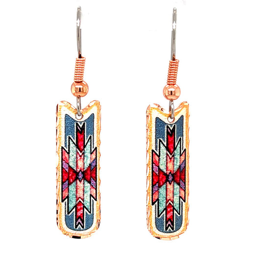 Native American Style Red Bows & Arrows Earrings with Blue Backdrop Copper Handmade Arrows and Bows Jewelry Unique Earrings Dangle