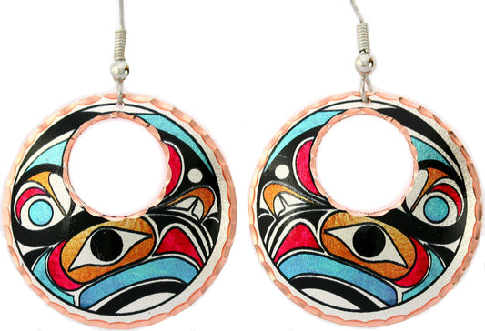 Eagle Totem Earrings for Women with Colorful Blue Backdrop. NW Native Totem Jewelry, Copper Handmade Tribal Eagle Earrings, Eagle Earrings Hoop