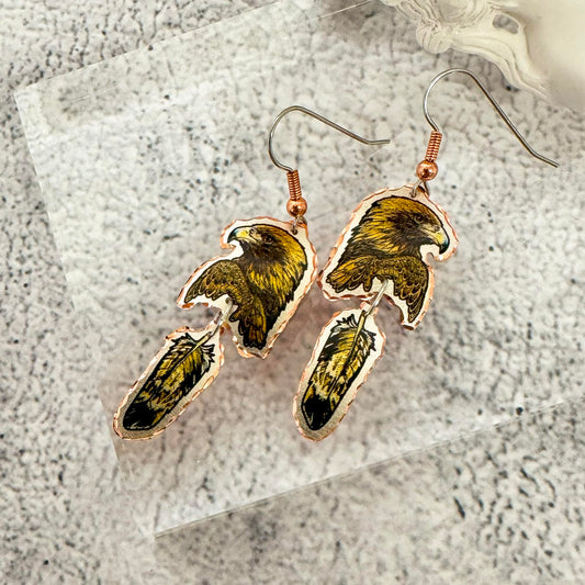 FRONT LINE JEWELRY Native American Eagle Feather Earrings Feature Golden Eagle with Feather Dangles Designed Copper Eagle Earrings Dangle