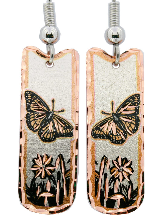 Artisan Copper Butterfly Earrings Rectangular Shaped Butterfly & Flower Jewelry, Unique Gift for Her, Gifts for Mom