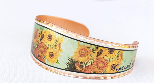 Copper Cuff Sunflower Bracelets, Art Jewelry/Painted Artwork by Van Gogh, Sunflowers Jewelry, Sunflower Gifts Handmade Rustic Sunflower Bracelets, Van Gogh Jewelry BVG-01