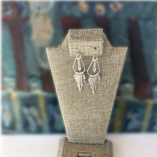 Two Tier Drop Earrings - in Silver Color with Multiple Small Nail-heads, Drop Dangle Earrings for Women