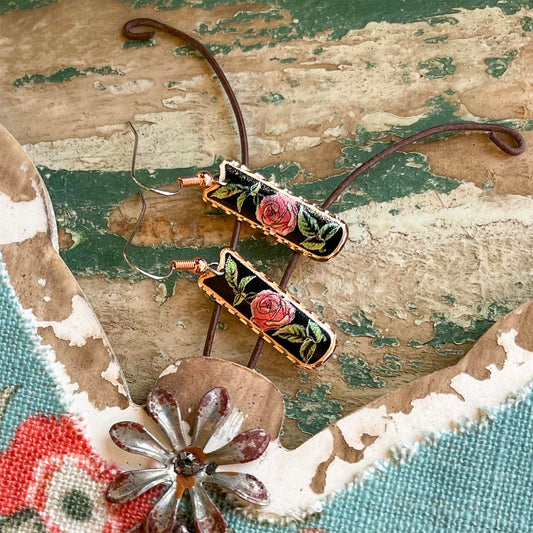 FRONT LINE JEWELRY Artisan-crafted Rose Earrings: Red Rose Earrings with Black Backdrop Pure Copper Dainty Rose Drop Earrings