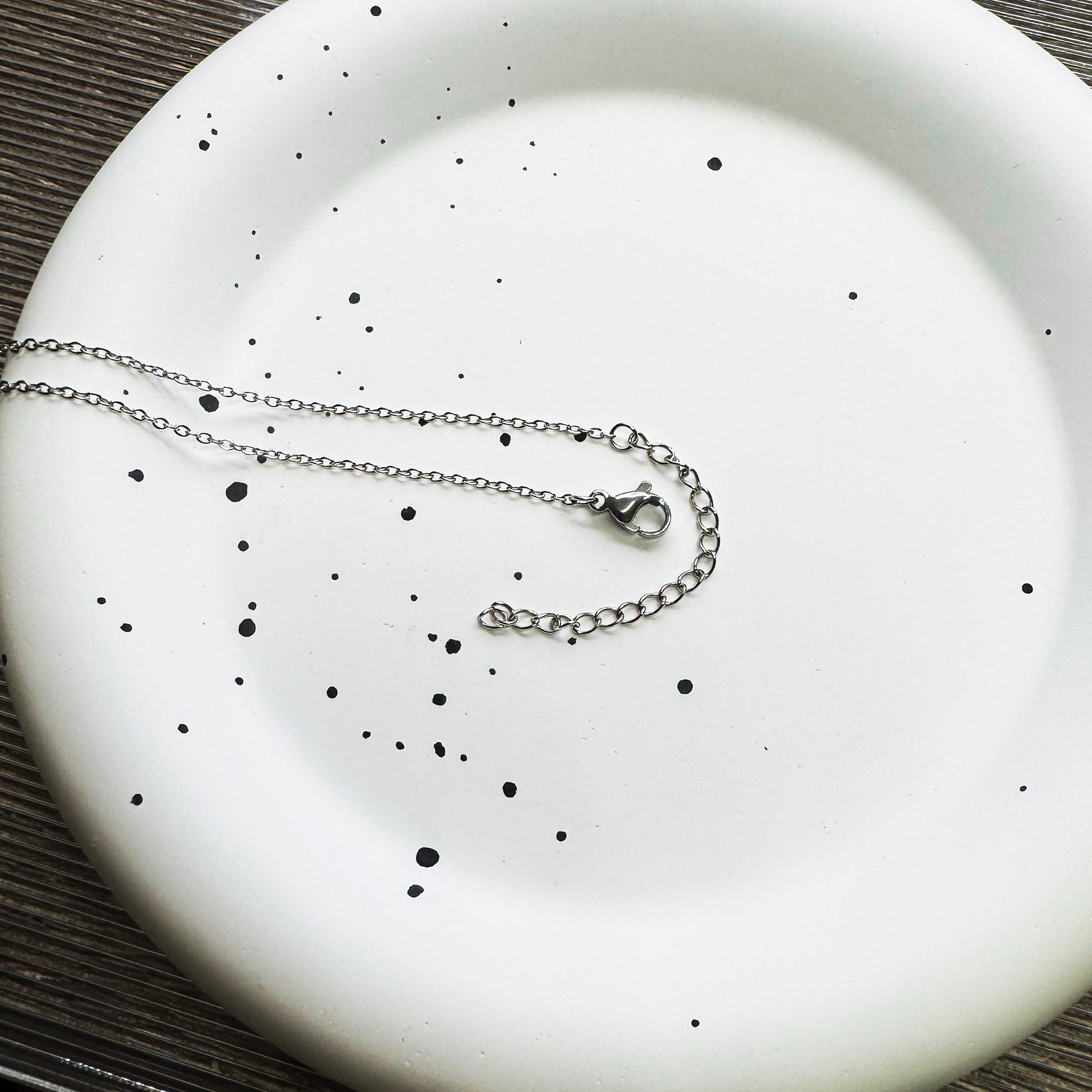 Unisex feather necklace on 18-inch stainless steel chain, displayed white plate