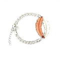 Bracelet with a silver chain and rose gold feather charm on a white background