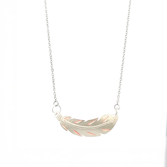 Silver feather pendant necklace on copper base with stainless steel chain